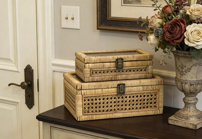 HUAXIN CRAFT H Rattan Decorative Box with Lid, Rectangular Woven with Glass for Display, Set of 2 Wicker for Decor