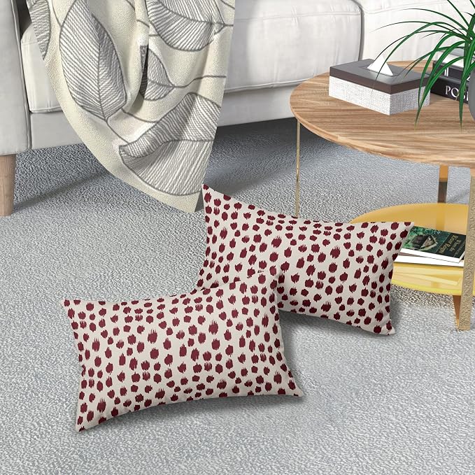Burgundy Cream Pillow Covers 12x20 Set of 2 Boho Design Polka Dot Throw Pillows Modern Brush Strokes Print Decorative Outdoor Pillowcase Lumbar Cushion Cover Linen Pillow Case for Home Sofa Couch Bed