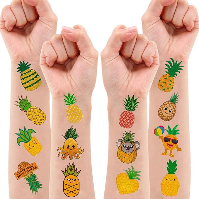 Pineapple Temporary Tattoos – 60 PCS (5 Sheets) Gold Summer Theme Birthday Party Favors, Cute Stickers for Kids Boys Girls, Classroom Prizes, Carnival Holiday Gifts