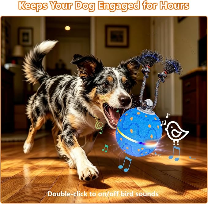 Interactive Dog Ball Toy with 2 Rope, Automatic Rolling & Bouncing Smart Dog Toy with Bird Chirping Sound and LED Light, Soft ETPU Chew-Safe Material, USB Rechargeable, for Medium & Large Dogs