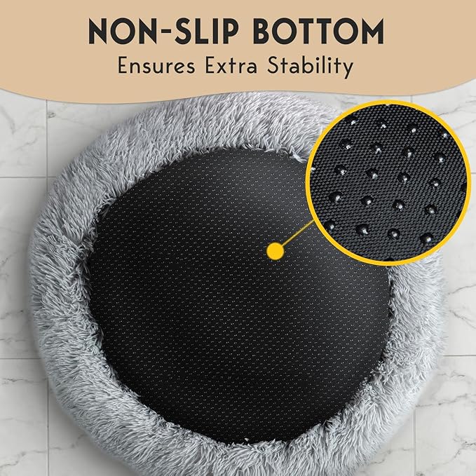PetJett Calming Dog Bed Medium Size Dog - 30'' Donut Bed, Washable Dog Bed - Anti-Slip Super Soft Fluffy Plush Round Bed, Anti-Anxiety Premium Comfort Pet Bed, Fits Dogs up to 45 lbs - Bright Grey