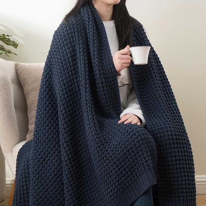 Navy Blue Throw Blanket for Couch, Chenille Knitted Blue Blanket 60''x80'' | Soft Cozy Chunky Knitted Blanket, Warm Thick Throw Blanket for Home Decor, Sofa, Men, Modern Farmhouse Style