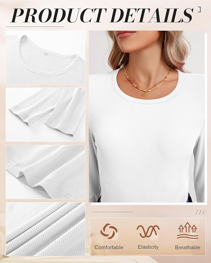 Ficerd 3 Pack Women's Ribbed Long Sleeve Tops, Crew Neck Slim Fit Undershirts Knit Basic Casual Stretch Layering Tee Shirts