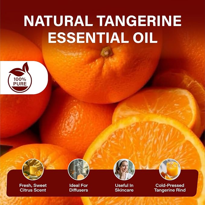 Tangerine Essential Oil, Citrus Reticulata, Cold Pressed Citrus Peel Oil, Sweet Citrus Aroma for Aromatherapy, Diffuser, Massage, Skin Care, Natural Fragrance Oil for Blends – 4 Fl oz