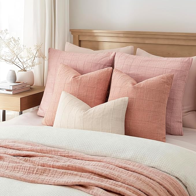 Foindtower Set of 2 Decorative Linen Check Throw Pillow Covers Neutral Farmhouse Vintage Cushion Covers Cozy Modern Boho Accent Home Decor for Sofa Chair Couch Bed Living Room,14×36 Inch,Coral Pink