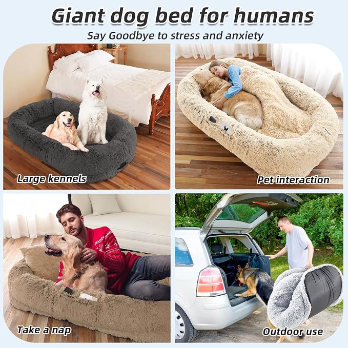WROS Human Dog Bed for Adult, 71"x45"x12" Giant Calming Nest Beds, Khaki | Washable Soft Faux Fur Cover, Orthopedic Foam Support, Non-slip Bottom, Includes Blanket, Strap & Pillow