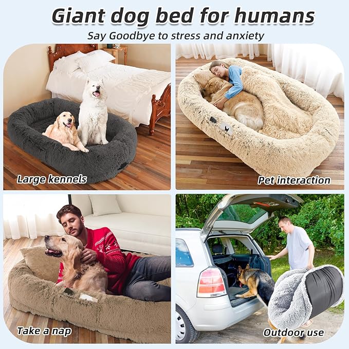 WROS Human Dog Bed for Adult, 71"x45"x12" Giant Calming Nest Beds, Beige | Washable Soft Faux Fur Cover, Orthopedic Foam Support, Non-slip Bottom, Includes Blanket, Strap & Pillow