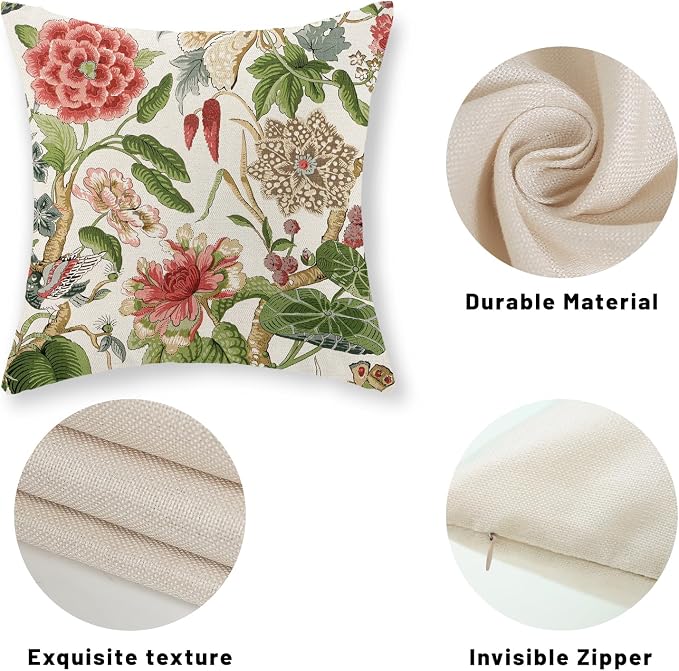 Sage Green Pink Pillow Covers 18x18 Inch Set of 2 Vintage Pink Floral Throw Pillows Chinoiserie Flower Decorative Pillow Case Outdoor Linen Farmhouse Cushion Cover for Couch Sofa Decorations