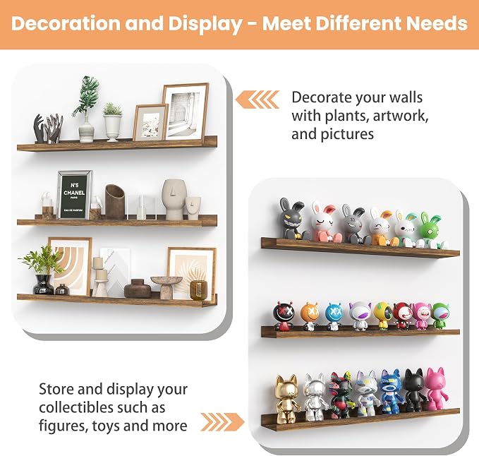 upsimples Floating Shelves for Wall Decor and Storage, Brown, 6Pcs 47.3'' | Wall Mounted Wood Shelves for Living Room, Bedroom, Kitchen, Office, Hallways Display and Organize Photos