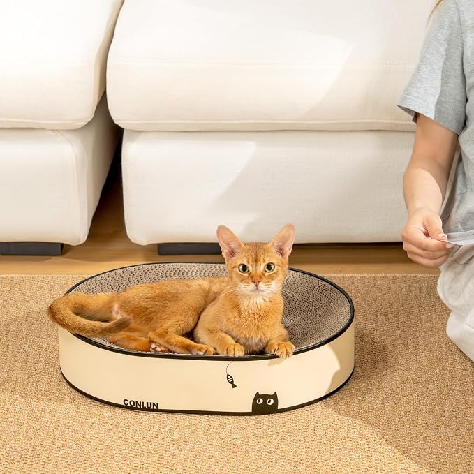 Conlun Oval Cat Scratcher Bed | Scratching Bowl Lounge for Kittens | Medium | Corrugated Cardboard Pad | Concave Shape | No Mess Enclosed Base | Serves as Couch Furniture Protector