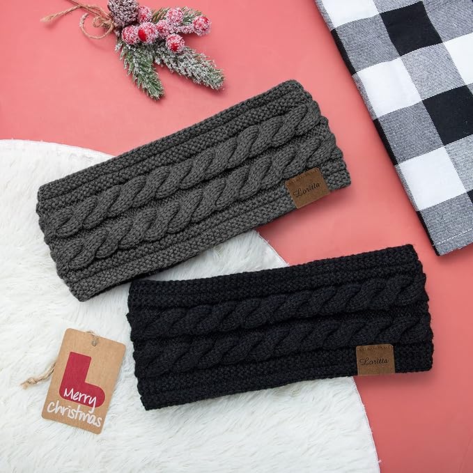 Loritta 2 Pack Headbands for Women Winter Warm Cable Knit Ear Warmer Thick Head Wrap Fuzzy Fleece Lined Gifts
