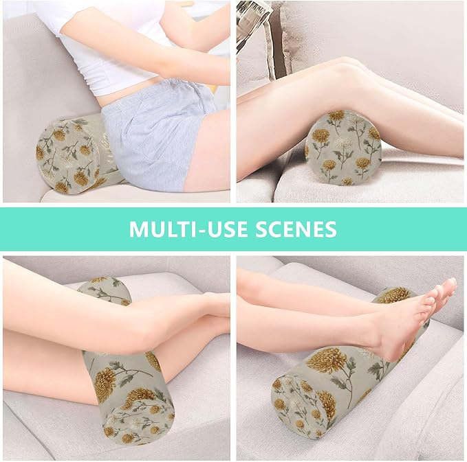 Beige Vintage Chrysanthemum Neck Roll Pillow Bolster Round Health Memory Foam Long Cervical Cylinder Pillows with Removable Washable Cover for Body Bed Legs Back Yoga