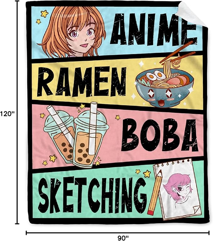Anime Blanket Gifts for Girls Kawaii Anime Decor for Women Anime Ramen Boba Sketching Flannel Blanket Anime Lover Stuff, Luxurious Warm and Cozy for XL 90X120 Inch Amazing for Family