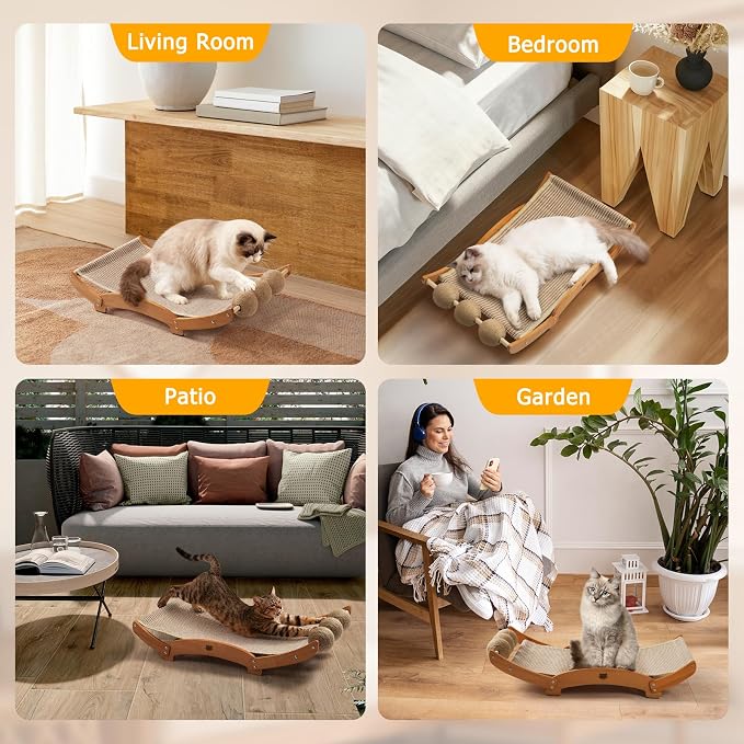3 in 1 Sisal Cat Scratcher Bed, Solid Pine Cat Scratcher with Balls (Wood) | Extra Large Cat Scratching Post with Hammock, Cat Scratcher for Scratch & Play & Rest, Cat Furniture for Indoor Cats, Kitten