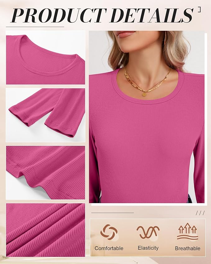 Ficerd 3 Pack Women's Ribbed Long Sleeve Tops, Crew Neck Slim Fit Undershirts Knit Basic Casual Stretch Layering Tee Shirts