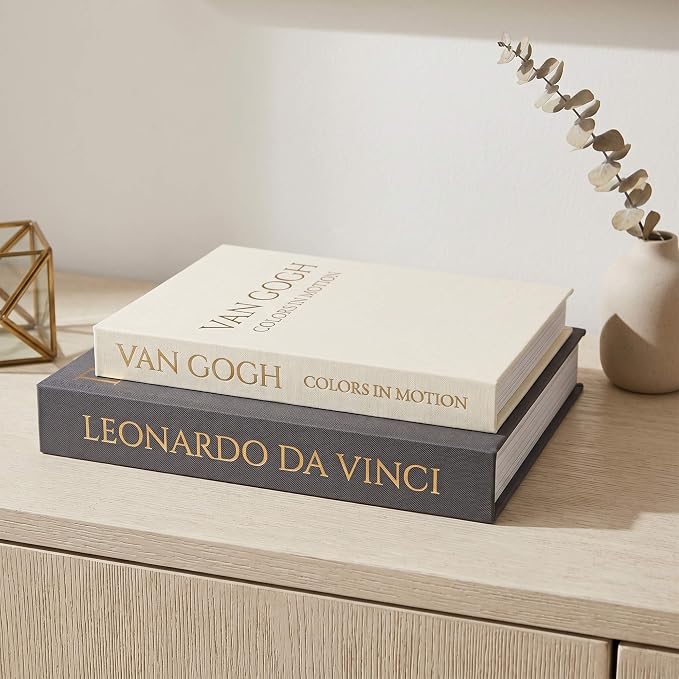 MAOBUYOU Decorative Storage Books Set of 2, Linen Cover, Gold Letters, Beige and Dark gray