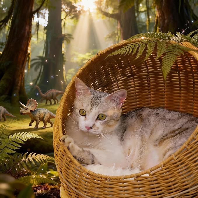 PAWZ Road Dinosaur Cat Tree 46” Cat Scratching Posts with Large Rattan Bed | Modern Cat Furniture with 18.5 Dia Cat Bed and Removable Mat, Themed Cat Tower 5 Scratching Posts for Indoor & Large Cats