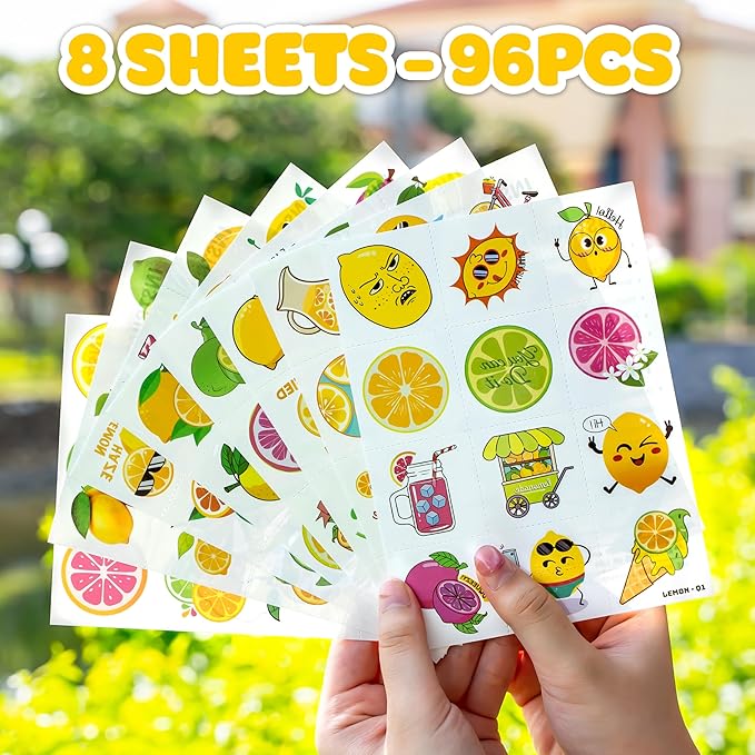 96 PCS Lemon Pre-Cut Temporary Tattoos for Kids | Super Cute Themed Birthday Party Favors, Supplies, Decorations, Funny Lemonade Lime Fake Tattoo Stickers, School Prizes & Gifts Boys & Girls & Rewards