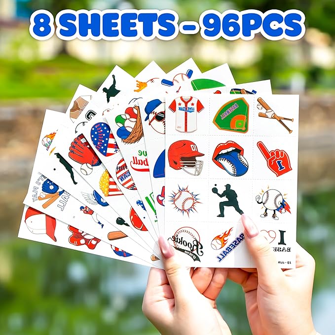 96 PCS Baseball Sports Pre-Cut Temporary Tattoos for Kids | Super Cute Baseball Themed Birthday Party Favors, Supplies, Decorations, Fake Tattoo Stickers (multiple)