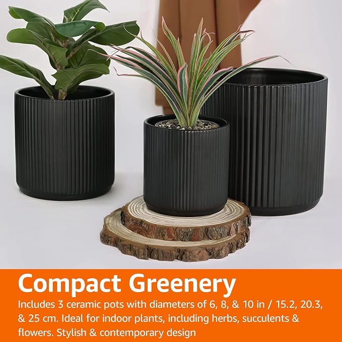 Amazon Basics Fluted Ceramic Planters for Indoor Outdoor Plants, Round Flower Pots with Drainage Hole, Set of 3, 6 inch, 8 inch, 10 inch, Black