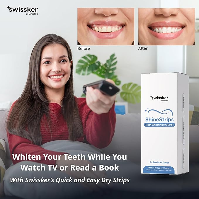 Swissker by Swissklip ShineStrips Teeth Whitening Strips, Enamel Safe, Dentist Formulated, Visible Results in 2–3 Treatments, 28 Strips (14 Upper + 14 Lower)