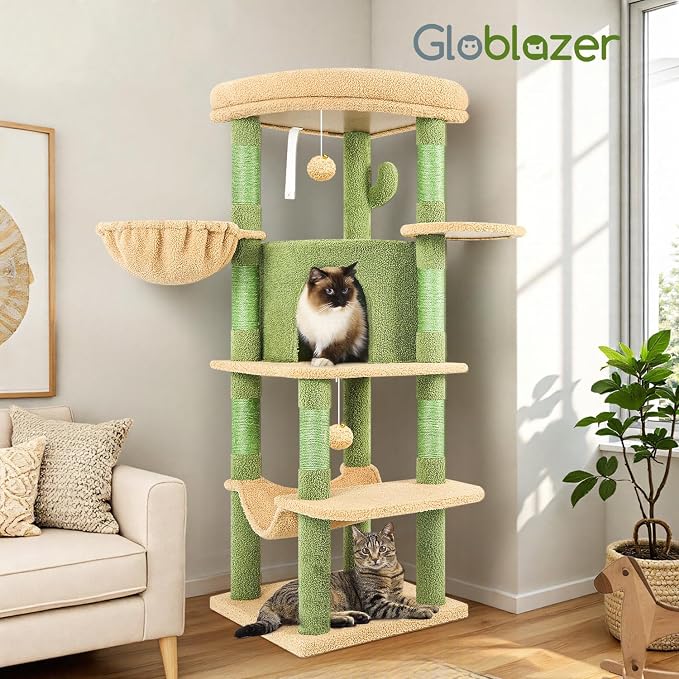 Globlazer Cactus Corner Cat Tree Tower with Scratching Post, C51, Green | 51in Space-Saving Multi-Level Green Cat Condo for Indoor Cats with Hammock, Large Top Perch for Large Cats, Cozy Cat Cave