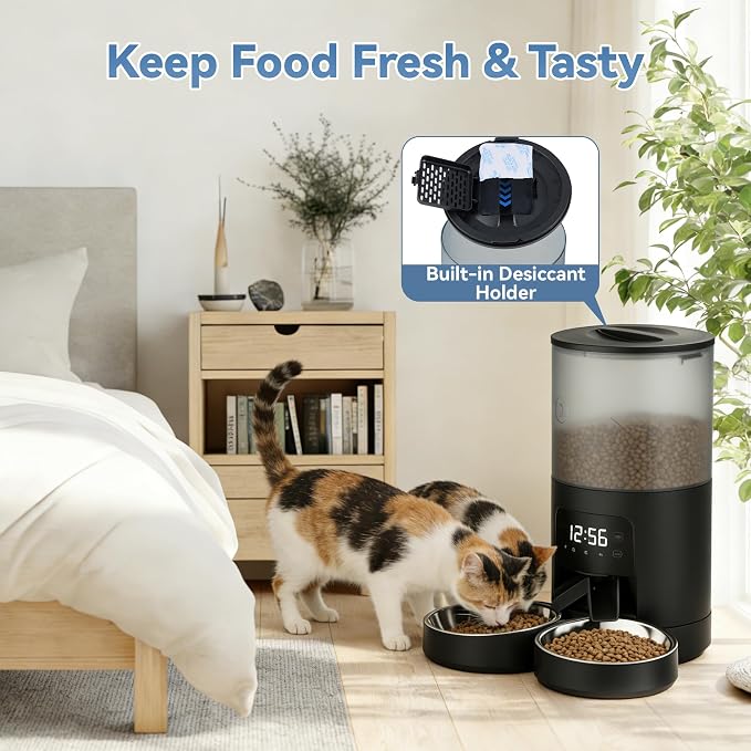 DUMOS 6L Automatic Cat Feeder for 2 Cats, Timed Pet Food Dispenser - Black | 2 Stainless Bowls, 10s Voice Call, Dual Power Supply, 6 Meals Per Day, 50 Portions Per Meal, Dual Pet Feeder for Cat and Dog