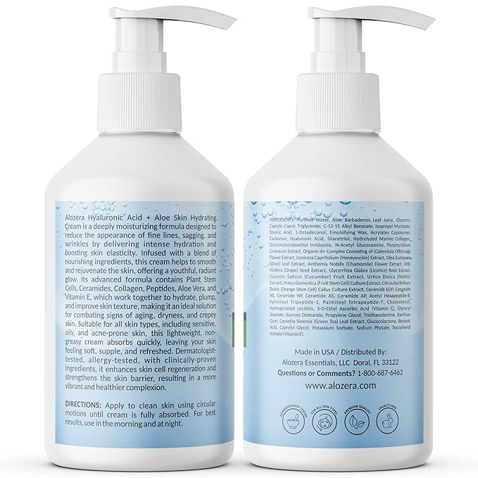 Alozera Hyaluronic Acid Body Lotion with Aloe & Stem Cells, Daily Moisturizing Lotion for Dry, Sensitive Skin Hydration, Non-Greasy, Lightweight Moisturizer, Fragrance-Free, 16.9 oz