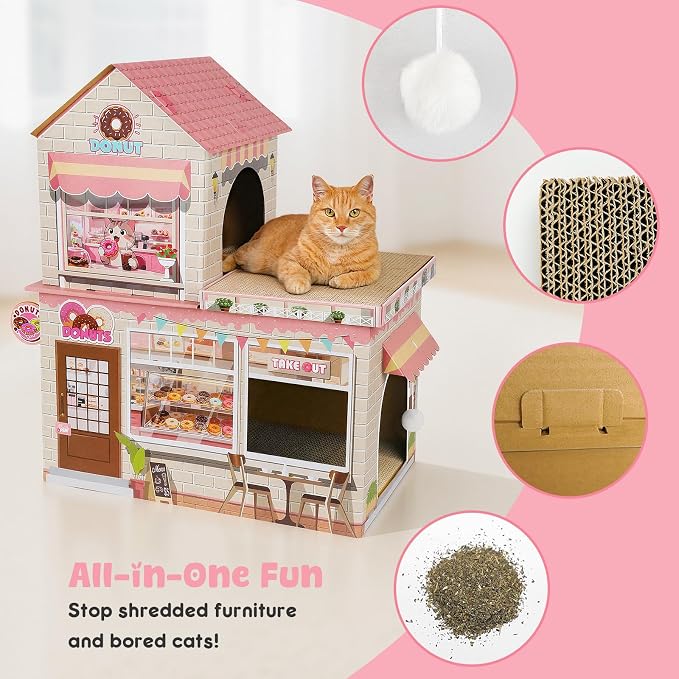 Cardboard Cat Houses for Indoor Cats Kitten Scratcher Houses Donuts Themed | Cat Condos Hut Hideout Play House Bed with Scratching Pads, Scratch Box for Large Kitty Rabbit Bunny Small Animals