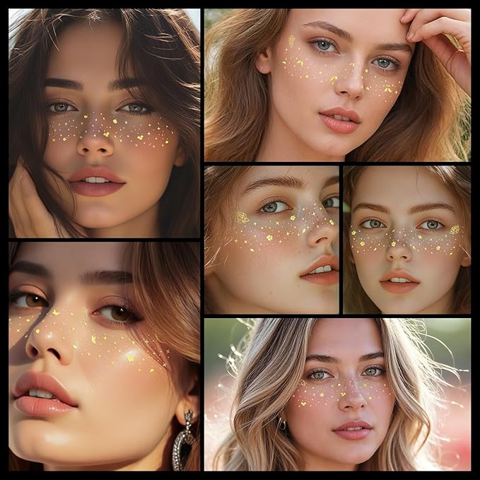 Cerlaza Glitter Freckles Face Tattoo, 16 Pcs Gold Speckles Makeup Patches, Waterproof Body Face Glitter for Women Girls, Country Concerts Singer Festival Rave Accessories