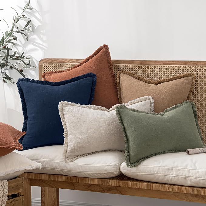 MIULEE Linen Fringe Decorative Euro Throw Pillow Covers Dark Navy 24x24 | Set of 2, Cottagecore Decor, Boho Farmhouse Coastal Pillow Covers, Rustic Couch Cushion Cases for Sofa Bed Living Room