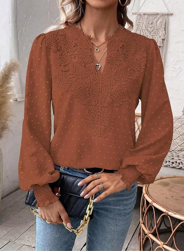 Womens Tops Swiss Dot Boho Long Sleeve Shirts V Neck Casual Chiffon Blouses Flowy Lace Hem Cute Clothing Trendy 2026