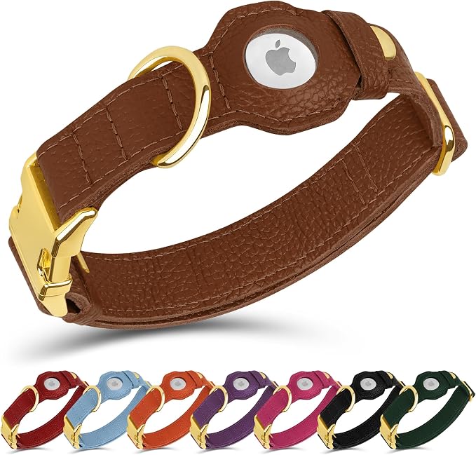 Leather Airtag Dog Collar - Soft Tracking Dog Collar with Apple AirTag Holder and Metal Buckle - Safety GPS Pet Collars for Small Medium Large Dogs Puppy Pink Red (Brown, XL, 20"-25" Neck Fit)