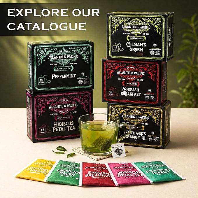 A&P Coffee Gilman’s Organic Green Tea Bags, 48 Count, Smooth Flavor Green Tea, Naturally Caffeinated, Rich in Antioxidants, Fresh Aroma, Premium Green Tea, Hot or Iced Tea