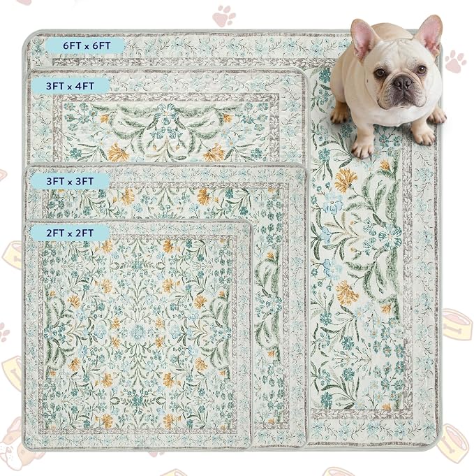 Lahome Washable Reusable Pee Pads for Dogs - Beige Botanical Floral 2 Pack Puppy Pads, Super Absorbent & Waterproof Training Mats for Crate & Floor - Leakproof with Non-Slip Backing (36"x48")