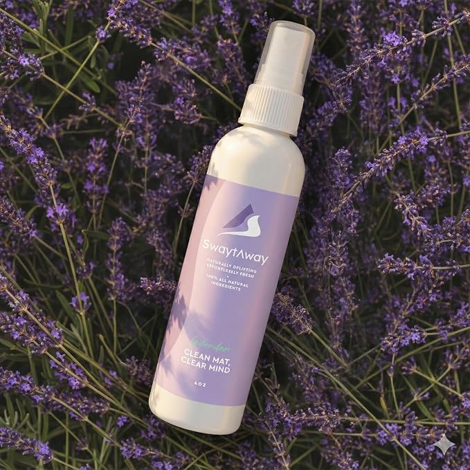 SwaytAway Fitness Mat Mist – 4oz Travel Size Yoga Mat Spray with Towel - (Pack of 2) – Aromatherapy-Inspired Lavender and Patchouli Blend – Plant-Based, No Rinse, Refreshes & Deodorizes