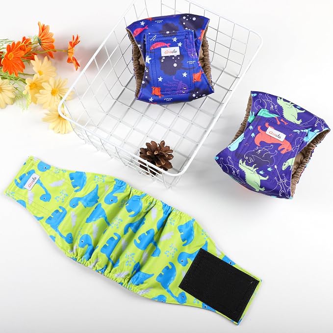 5 Pack Dog Diapers Male Reusable, Premium Belly Bands for Dogs, High Absorbing Male Dog Pee Wraps for Doggie in Incontinence or Excitable Urination Dinosaur M