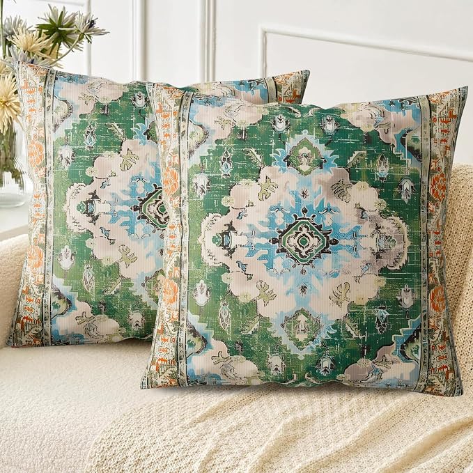 Boho Throw Pillow Covers 26x26 inch Set of 2, Soft Pillowcases Bohemia Carpet Printing Pattern Decorative Sofa Living Room Bed Square Pillow Case Cushion Cover-Green