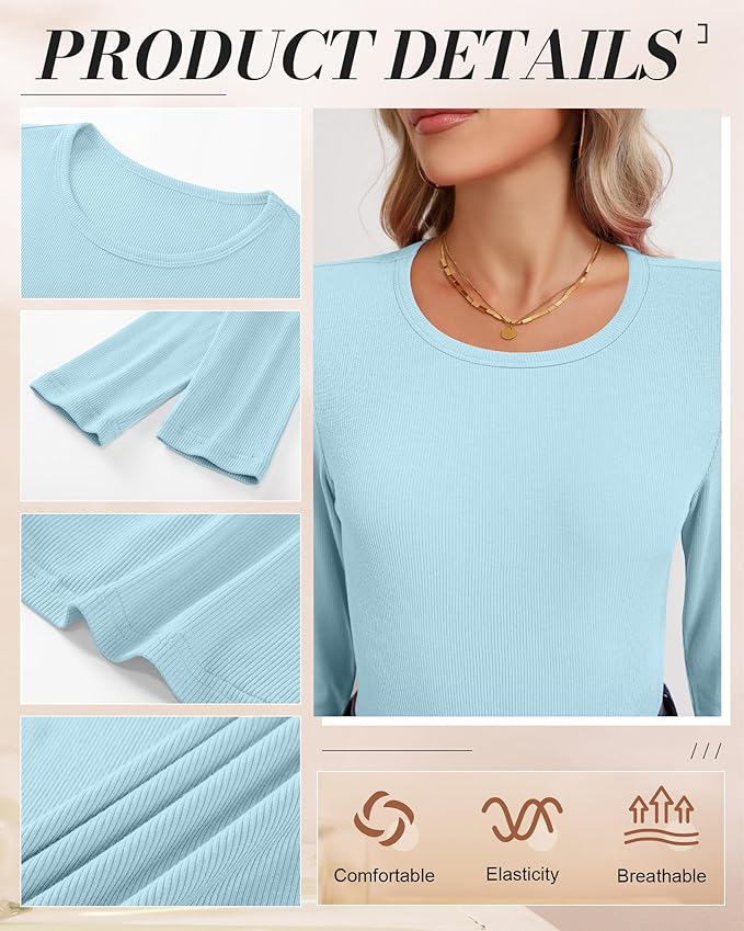 Ficerd 3 Pack Women's Ribbed Long Sleeve Tops, Crew Neck Slim Fit Undershirts Knit Basic Casual Stretch Layering Tee Shirts