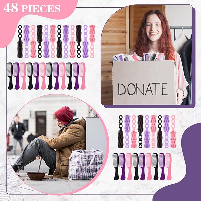 Baderke 48 Pcs Combs Set Bulk Hair Brushes for Homeless Individually Wrapped Hair Brush and Comb for Women Hotel Nursing Charity Travel(Multicolor)