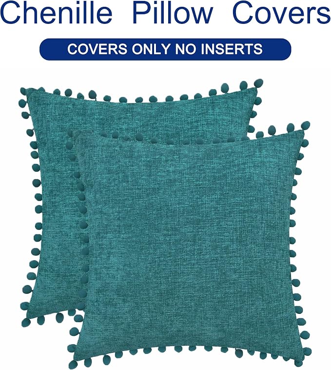 CaliTime Decorative Couch Throw Pillow Covers 16 X 16 Inches Teal | Pack of 2, Cozy Chenille Cushion Cases, with Pom Poms for Sofa Bed Living Room Farmhouse Home