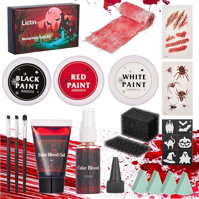 Lictin Special Effects SFX Zombie Makeup Kit, Black White Red Colors Face Body Painting Palette with Scar Wax, Fake Blood Spray & Gel, Vampire Skeleton Clown Makeup Body Paint (18PCS)