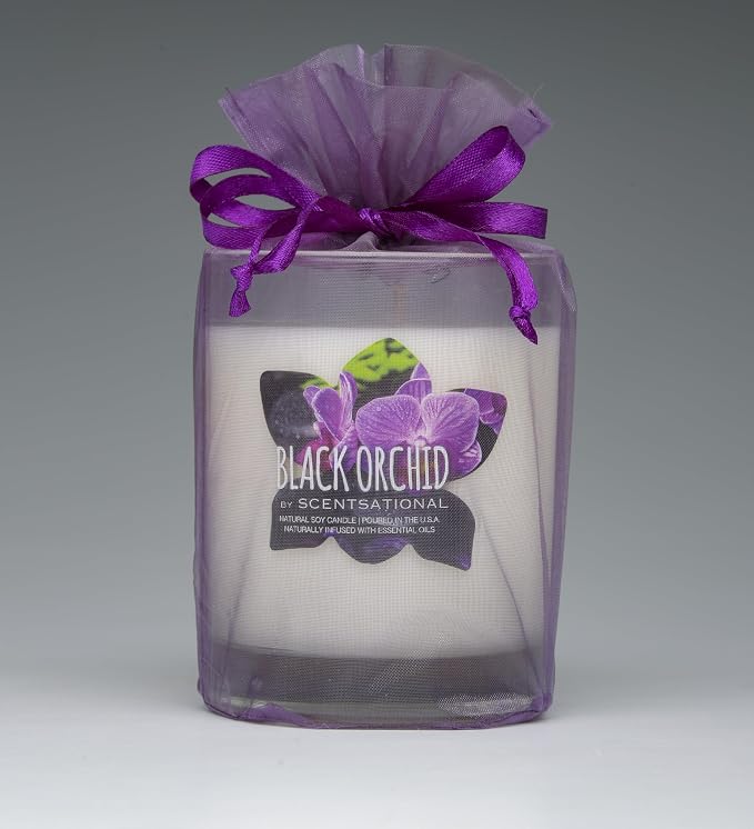 Scentsational Black Orchid Natural Soy Candle, 11 oz, 50-60 Hour Burn Time, Purple Gift Bag