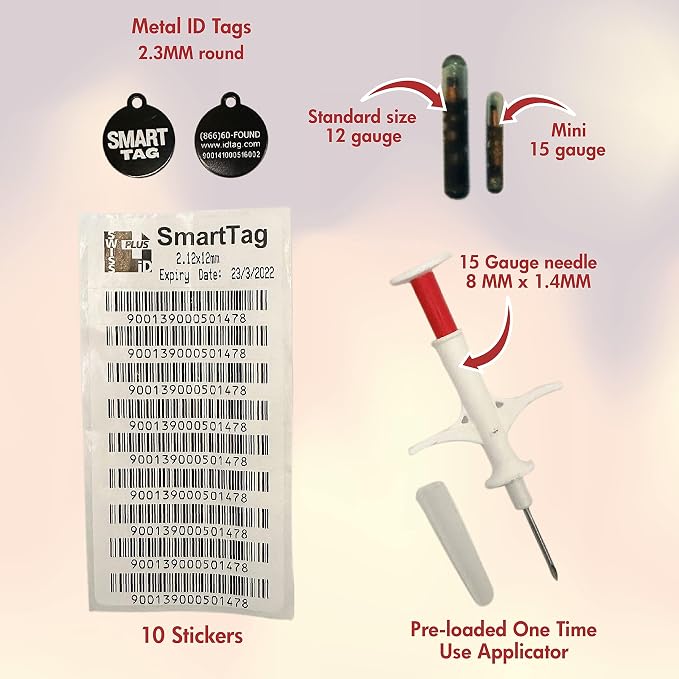 ISO Data Microchip with Lifetime Pet Recovery Service/24-7 US Call Center/Free Registration, Implanter & Metal ID Tag for Dogs, Cats, Horses & All Animals, 12 Gauge/Reusable Poly-Bag/25 Pack