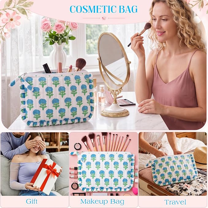Gilprop Floral Makeup Bag Cute Cosmetic Bags for Women Travel Toiletry Bag with Ruffles Large Capacity Zipper Makeup Pouch Purse Organizer for Girls Brushes Skincare