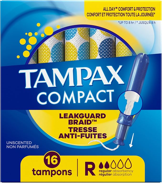 Tampax Compact Pearl Tampons, with LeakGuard Braid & Extendable Applicator, Regular Absorbency, Compact Extendable Applicator, Unscented, 16 Count (Packaging May Vary)
