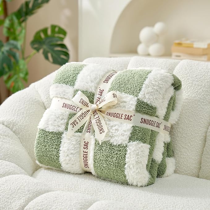Snuggle Sac Faux Fur Checkered Blanket Twin Size with Soft Knitted Microfiber,Cozy Soft Warm Blanket for Sofa Bedroom Living Room,St Patricks Day Gift,Sage Green Checker,60x80 inches