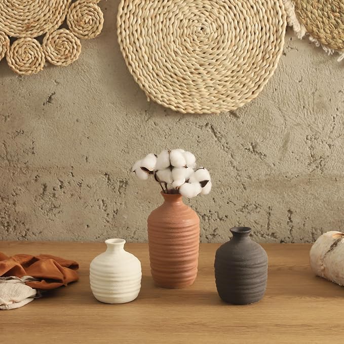 Dobbyby Ceramic Vase Set of 3 Decorative Vase for Home Decor Modern Farmhouse Decor Pottery Neutral Vases for Living Room Bathroom Table Mantel Fireplace Entryway Shelf (02-Brown)