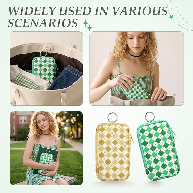 KJQJLY 2 Pack Portable Tampon Organizer Bag Tampon Holder & Storage Case with Zipper for Travel, Discreet Period Bag for Purse, Waterproof Feminine Products Pouch for Women (Yellow and Green Lattice)