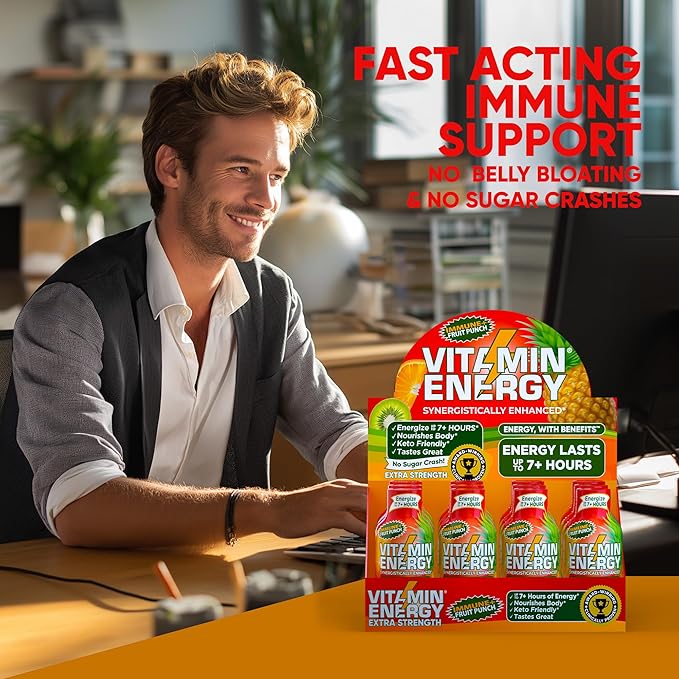Vitamin Energy Immune+ Extra Strength Energy Shot Fruit Punch 10 Pack, 260mg Natural Caffeine, B-Vitamins, Citicoline, Green Tea, Immunity & Focus Support, Zero Sugar, Gluten-Free 1.93 fl oz